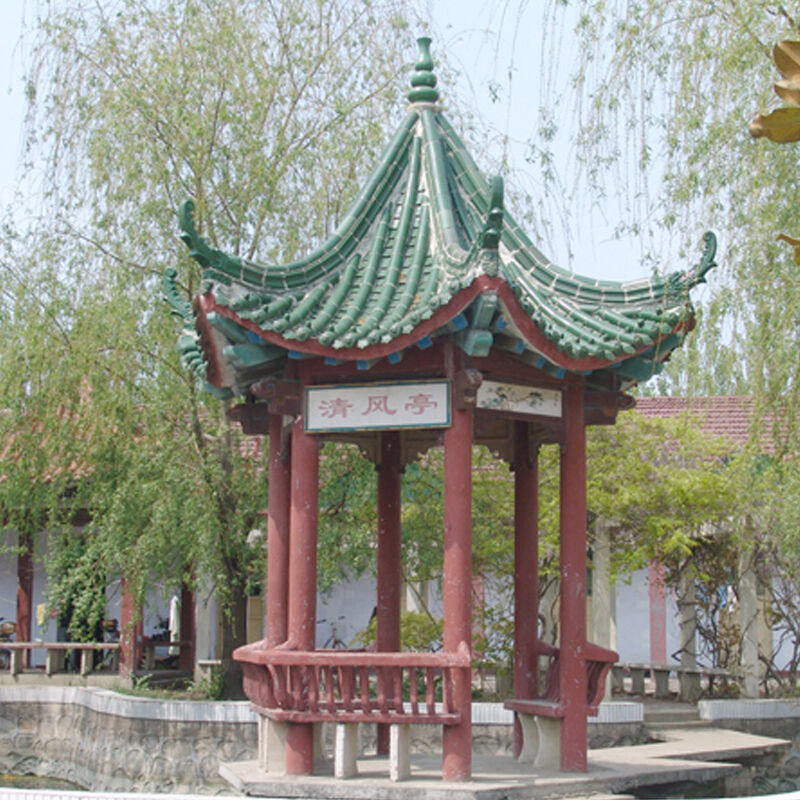 현대 공원 안뜰 야외 확장 공간을 위한 전통 중국 녹색 유약 타일 수동 파빌리온이 있는 앤티크 목재 파빌리온 찻집