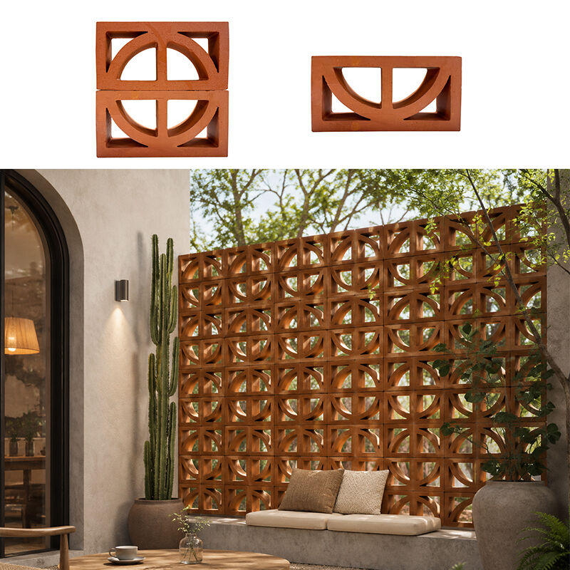 Natural Terracotta Ventilation Block Decorative Red Clay Breeze Block with Semicircle Cutout for Garden Privacy Walls Facades