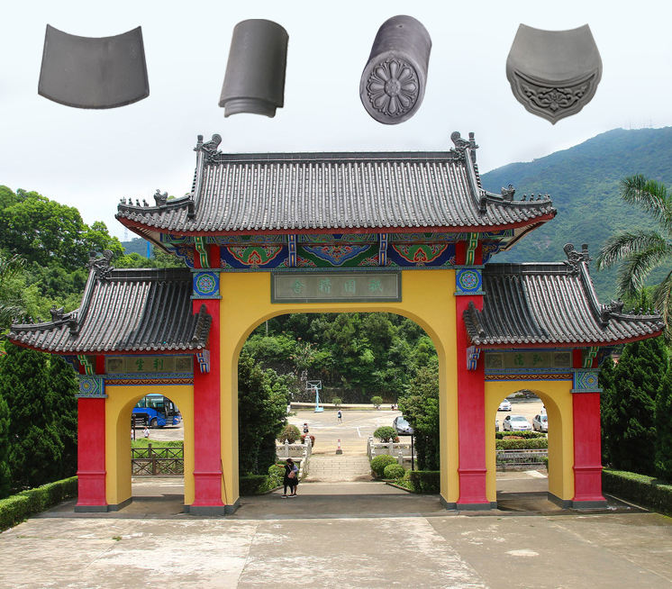 牌坊的传统中式瓦片，拱门和寺庙入口的重型灰色陶瓷瓦系统