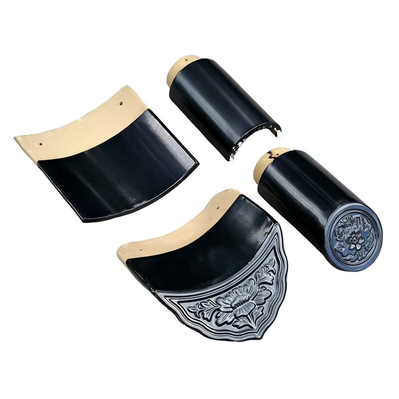 Chinese Style Roof Glossy Black Glazed Roof Tiles and Accessories Ridge Cap Tile for Traditional Temple & Modern Buildings